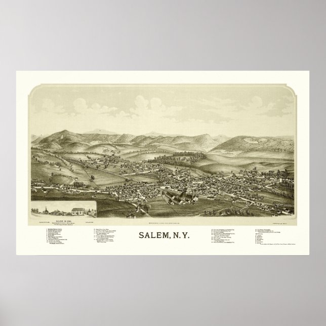 Póster Salem, Mapa Panorámico de Nueva York - 1889 (Frente)