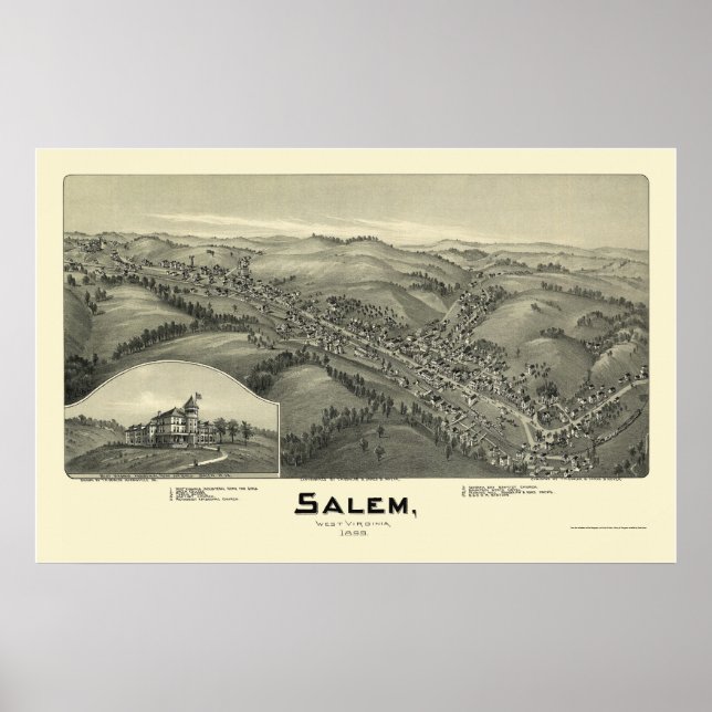 Póster Salem, WV Mapa Panorámico - 1899 (Frente)