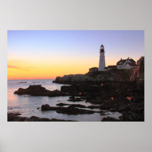 Póster Salida del sol en el faro principal de Portland