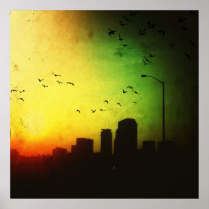 Póster Salida del sol oscura de la ciudad