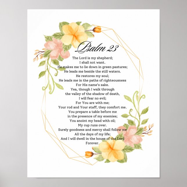 Póster Salmo 23 Biblia Escritura Marco Floral Amarillo (Frente)