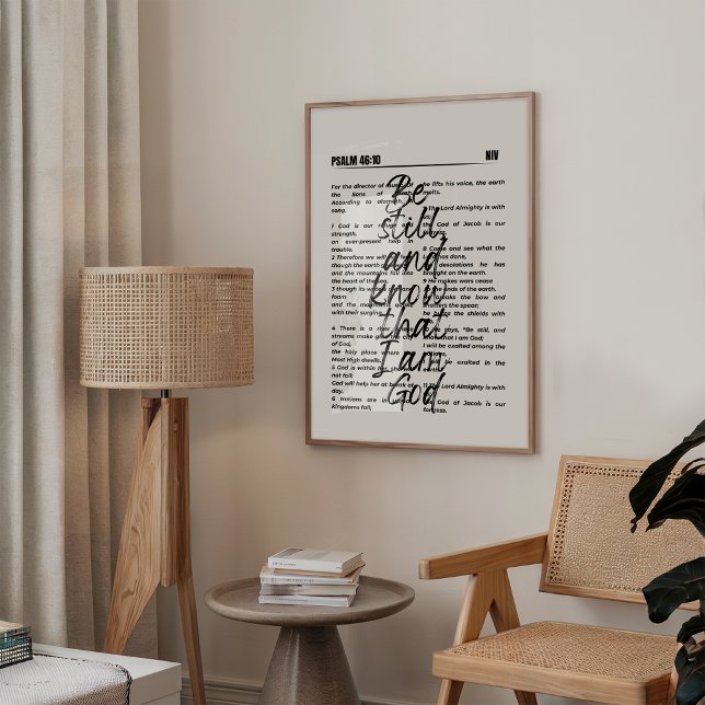 Póster Salmo 46 Poster de pared cristiana caída (Minimalist Christian wall art featuring Psalm 46:10 in elegant black bold typography. )