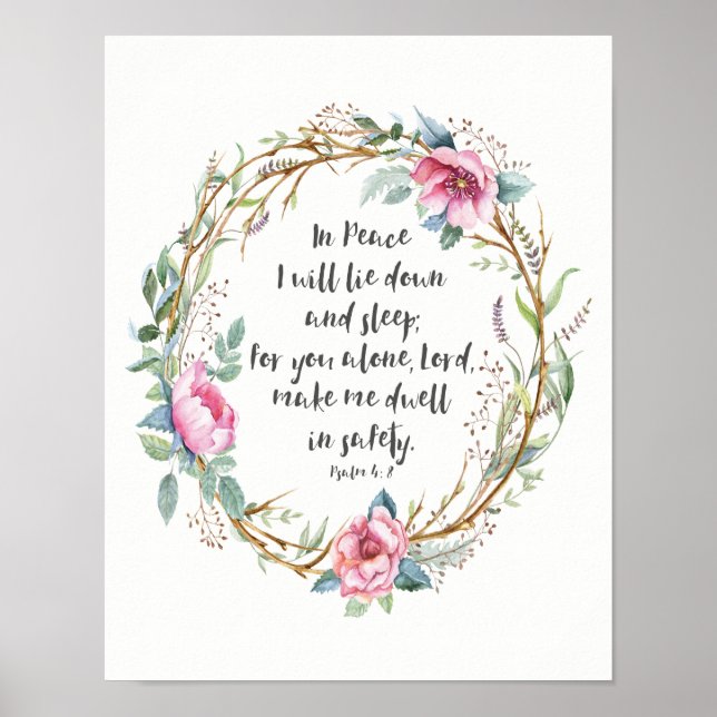 Póster Salmo 4:8 Wreath acuarela (Frente)