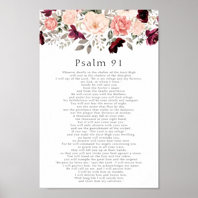 Póster Salmo 91 Scripture Borgoña Rubor Floral (Frente)