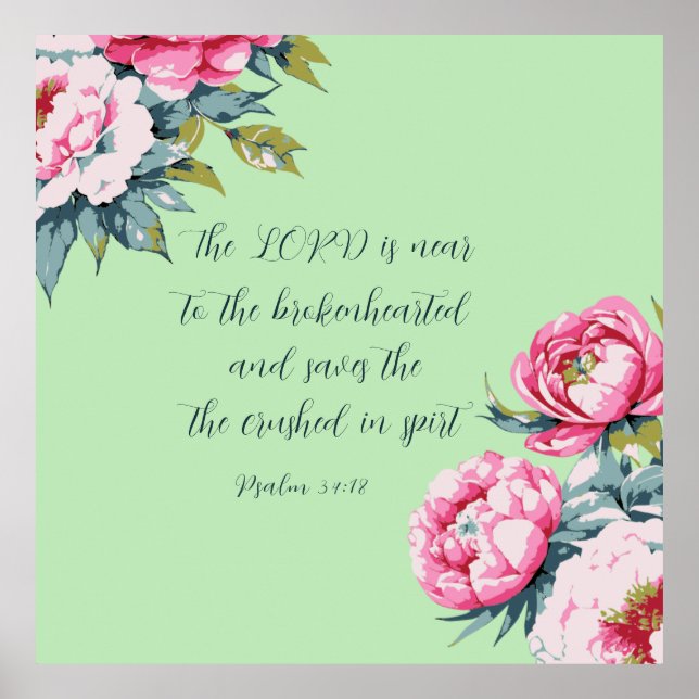 Póster Salmo de la Biblia Floral34:18 (Frente)