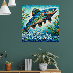 Póster Salmon Saltando Mosaico Floral Azul Personalizado