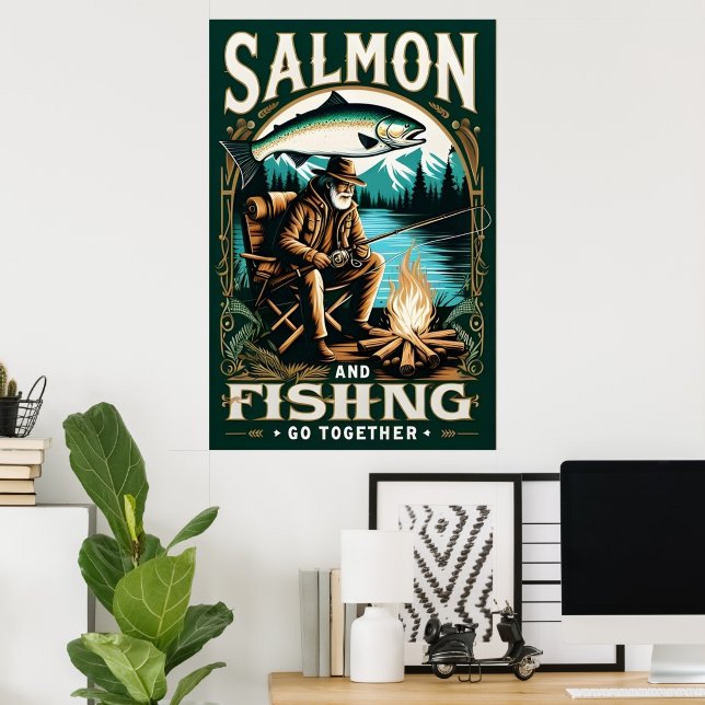 Póster Salmón y Pesca: Un día junto al lago (Oficina en casa)