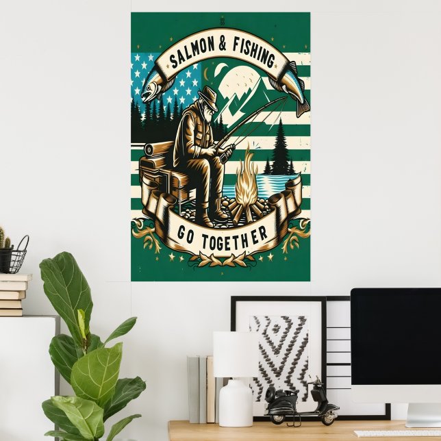 Póster Salmón y Pesca: Un día junto al lago (Oficina en casa)