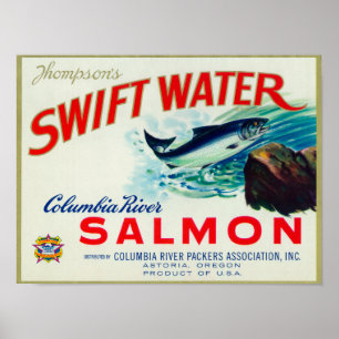 Póster Salmones rápidos del agua de Astoria, Oregon - de