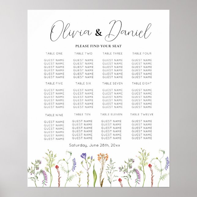 Póster Salón Boda de mesa 12 Flores silvestres (Frente)