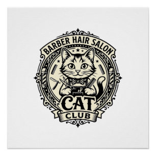 Póster Salón de Barbería Gato Divertido Gráfico - Barberí