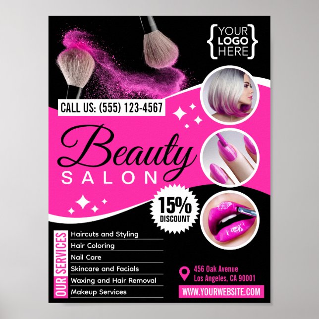Póster Salón de belleza negro y rosa diseñado para descar (Frente)