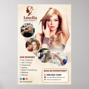 Póster Salón de Estilismo de Cabello Biege Elegante Maqui