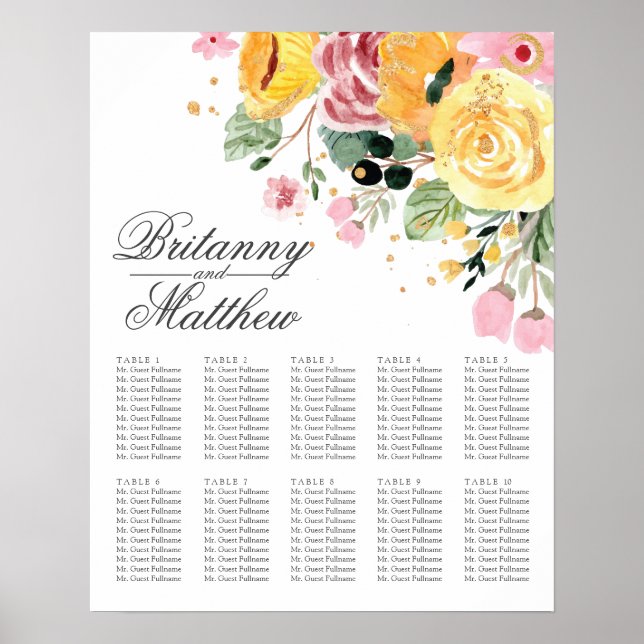 Póster Salón de mesa Elegante Floral | Cartas de asiento (Frente)