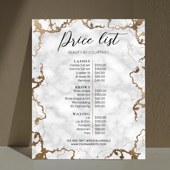 Póster Salón elegante de mármol y oro o menú de precios d (Marble and gold glitter business price list of services )
