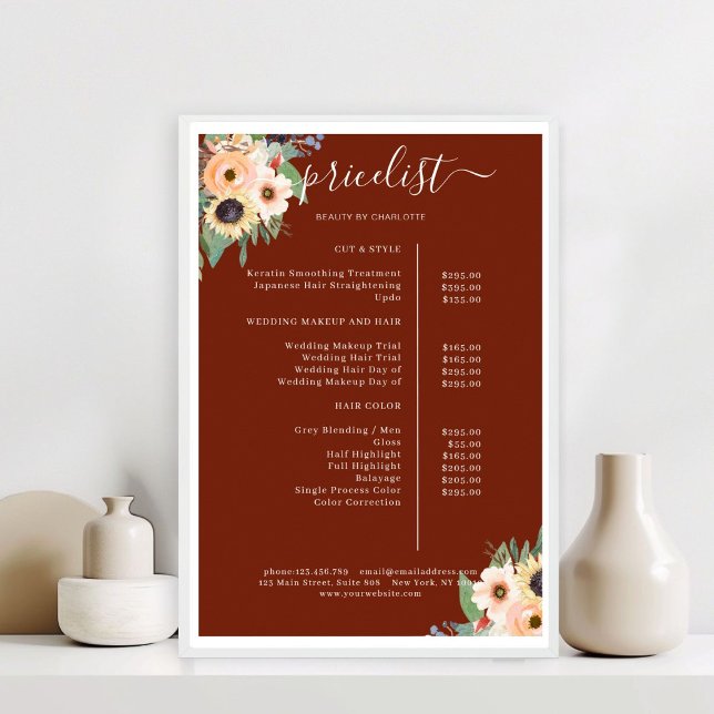 Póster Salón Floral Elegante Verde (Elegant Greenery Floral Salon Red Poster)
