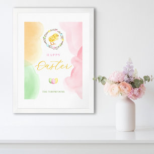 Póster Salpicaduras de acuarela pastel y pollito Feliz Pa