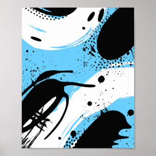 Póster Salpicaduras de tinta negra sobre un fondo azul y 