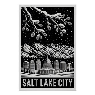 Póster Salt Lake City Utah horizonte negro blanco grabado