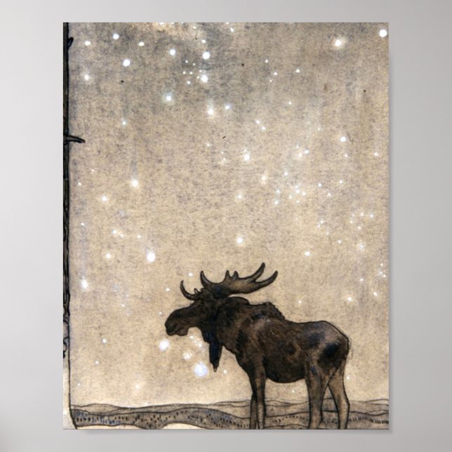 Póster Salta El Alce En La Nieve De Noche - John Bauer (Frente)
