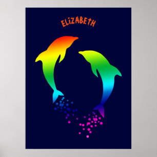 Póster Saltando delfines del arco iris con burbujas