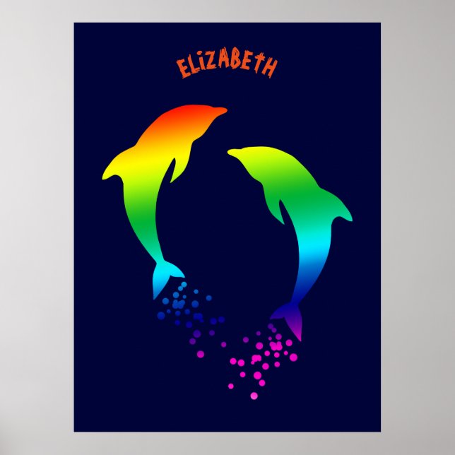 Póster Saltando delfines del arco iris con burbujas (Frente)