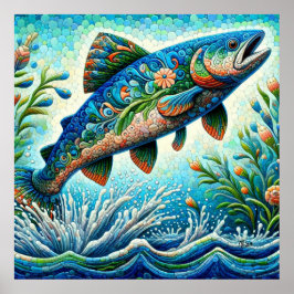 Póster Salto de salmón Mosaic Floral Azul Peach