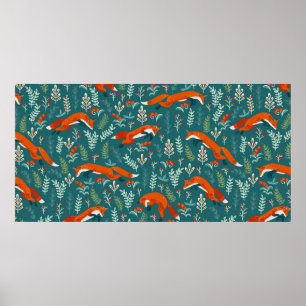 Póster Salto de zorros rojos con ornamentos sin soldadura