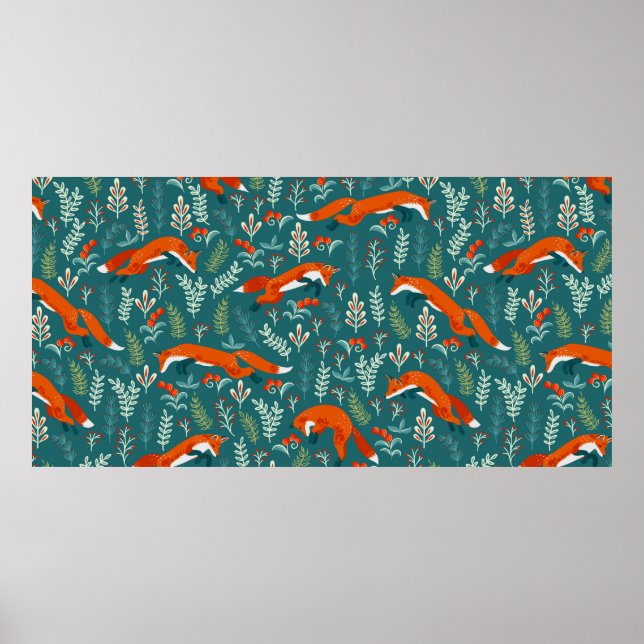 Póster Salto de zorros rojos con ornamentos sin soldadura (Frente)