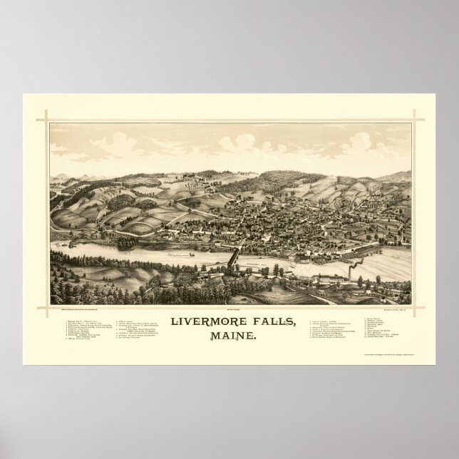 Póster Saltos de Livermore, Mapa Panorámico ME - 1889 (Frente)