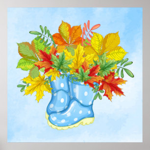 Póster Saltos de lluvia azul Polka-dot caen hojas