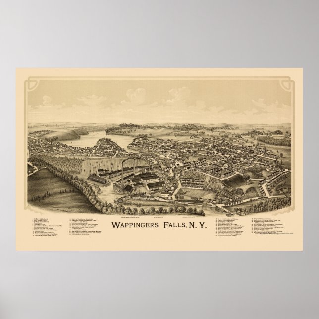 Póster Saltos de Wappingers, Mapa Panorámico NY - 1889 (Frente)