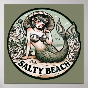 Póster Salty Beach Mermaid Humor Funny Mermaids