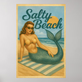 Póster Salty Beach Pin-Up Mermaid -Retro Coastal Life Art