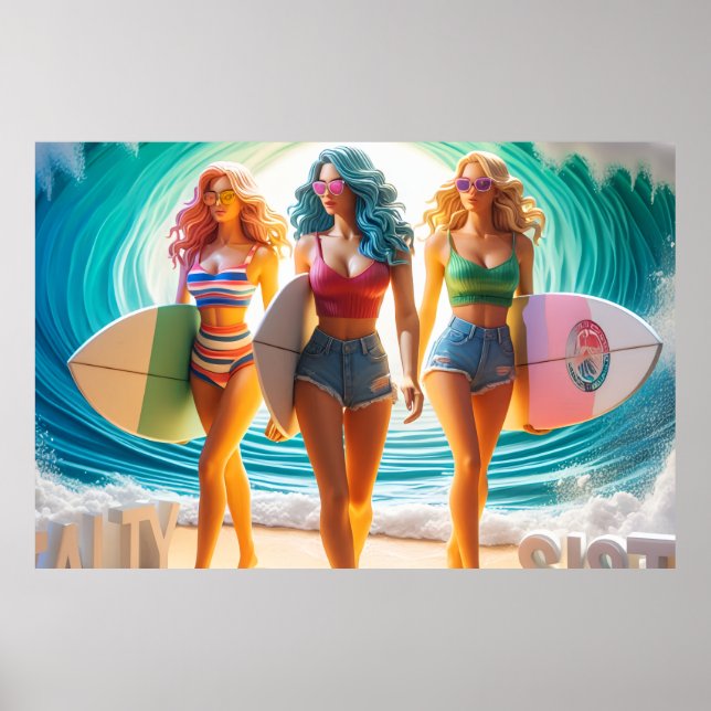 Póster Salty Sisterhood Trio Girls Beach Walk Surfer (Frente)