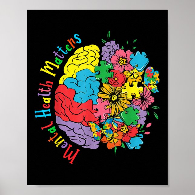 Póster Salud Mental S Flores De Cerebro Consciente Psicól (Frente)