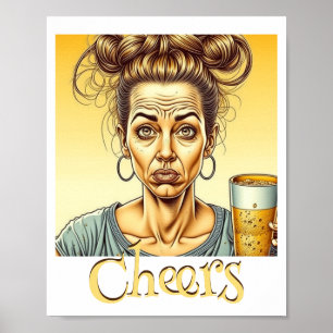 Póster ¡Salud! Moño Desordenado Sosteniendo una Cerveza d