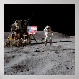 Póster Saludo A La Bandera Estadounidense En La Luna