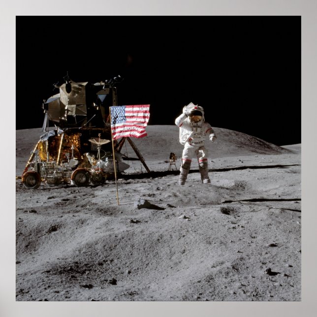Póster Saludo A La Bandera Estadounidense En La Luna (Frente)