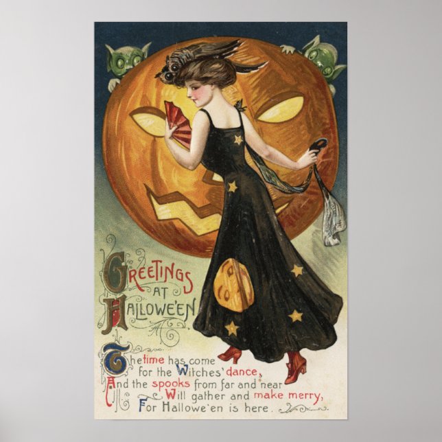 Póster Saludo de Halloween Dancing Bruja y Calabaza (Frente)
