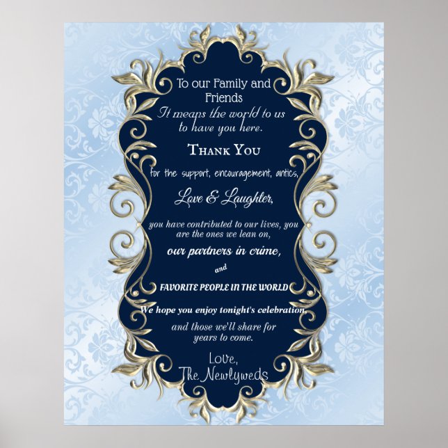 Póster Saludo del Boda del marco metálico de Blue Satin G (Frente)