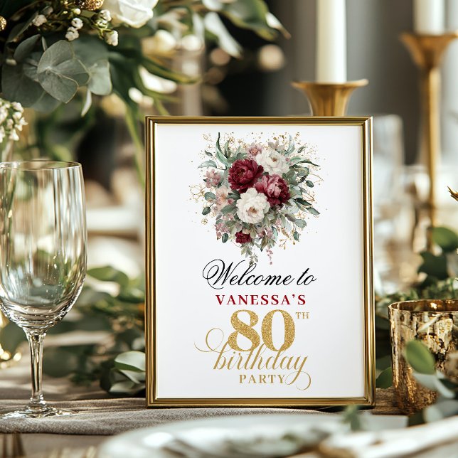 Póster Saludo floral de rojo intenso para 80 cumpleaños 8 (Deep red blush floral 80th birthday 8x10 welcome sign)