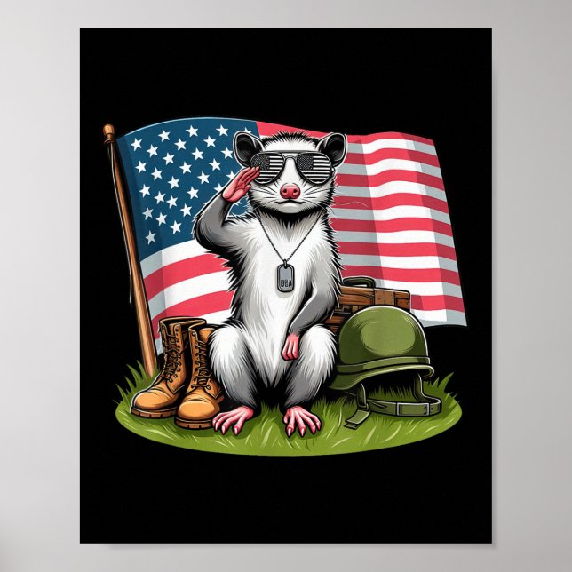 Póster Saludo Possum American Flag Memorial Day 4O (Frente)