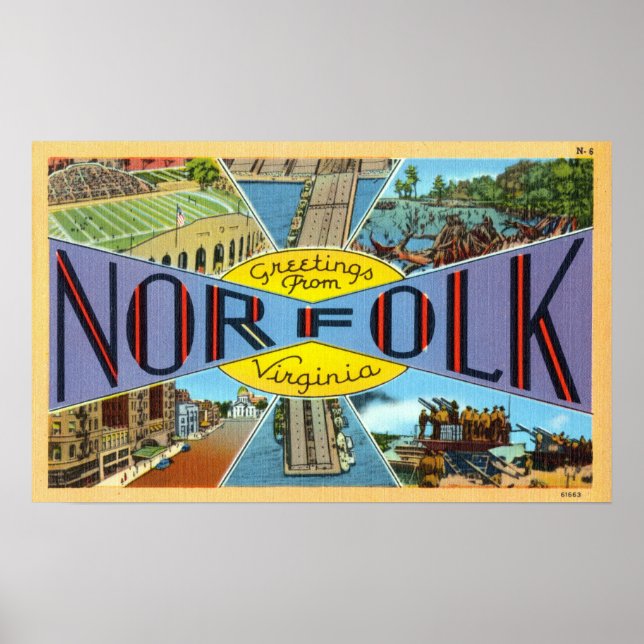Póster Saludos antiguos de Norfolk Virginia Travel (Frente)