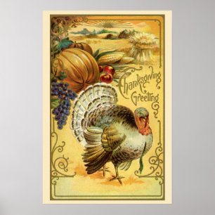 Póster Saludos de Acción de Gracias Vintage con pavo