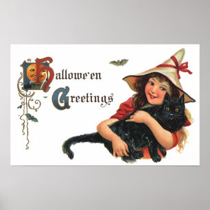 Póster Saludos de Halloween de época, bruja infantil con