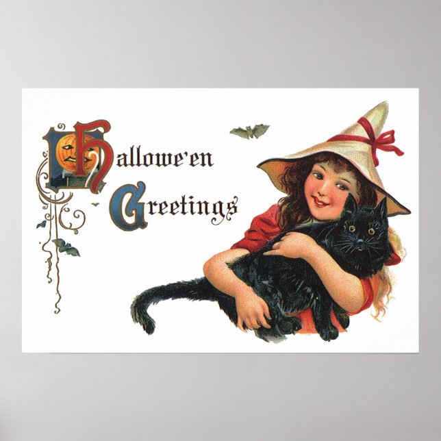 Póster Saludos de Halloween de época, bruja infantil con  (Frente)