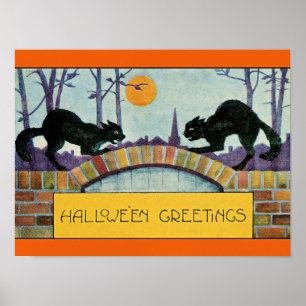 Póster Saludos de Halloween, Dos Gatos Negros,