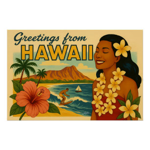 Póster Saludos de la época dorada del turismo hawaiano
