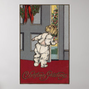 Póster Saludos de los navidadesNiño buscando a Santa